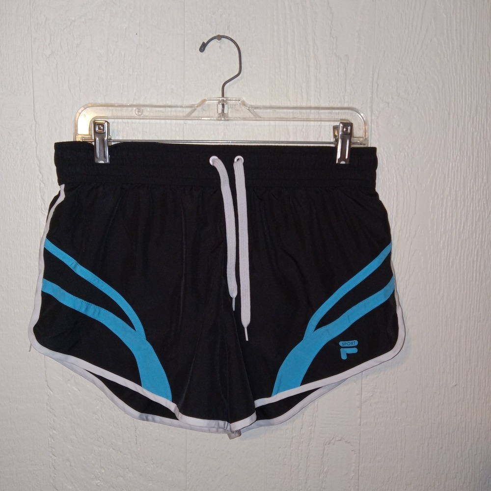 Fila Sport Running Shorts Women Small Black Blue Dolphin Hem Athletic Drawstring